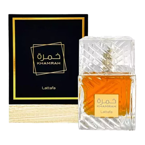 Frasco e embalagem do perfume Khamrah, de Lattafa